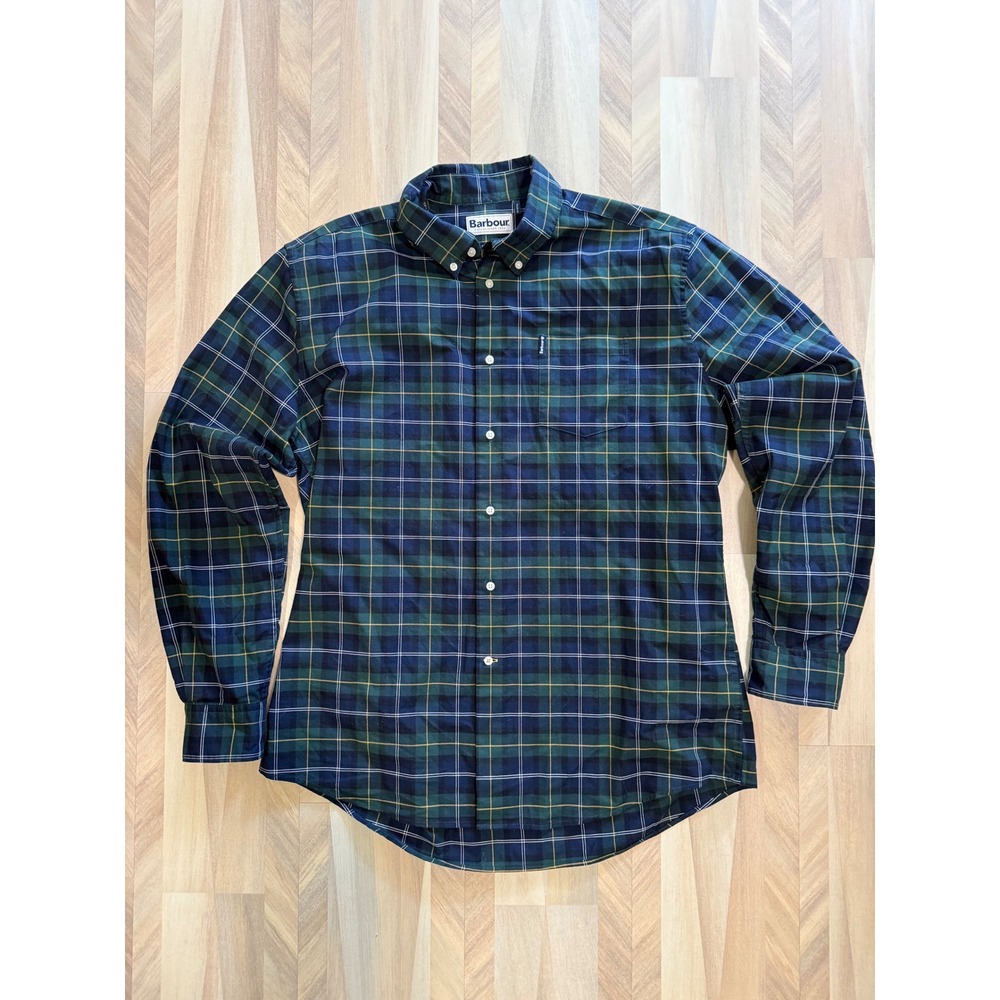 Barbour Mens Tailored Fit Tartan Plaid Button Down Shirt Navy Green Size L